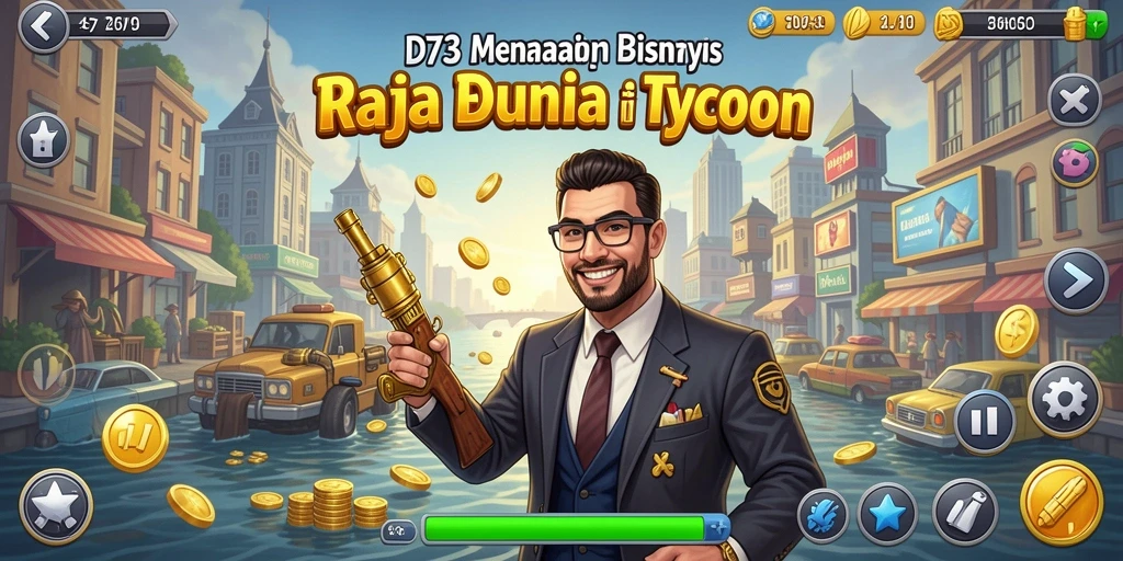 Tangkapan layar utama D73 menampilkan momen keseruan dalam mengelola bisnis Tycoon.