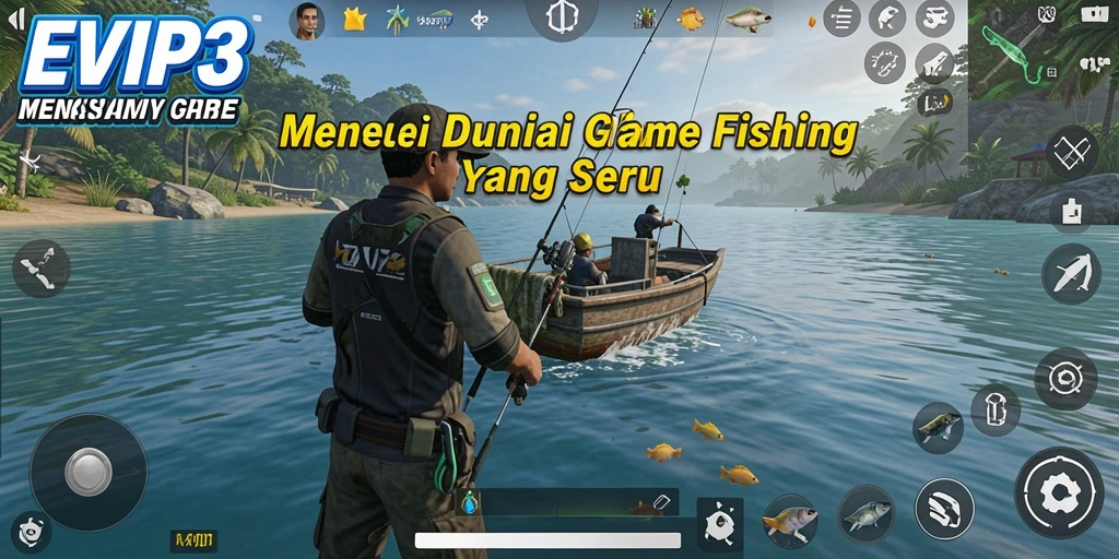 Tampilan gameplay EVIP3 menampilkan momen seru saat menangkap ikan di perairan yang indah.