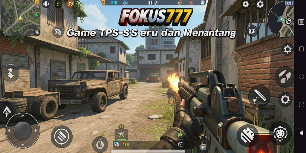 Screenshot menunjukkan aksi intens dalam game TPS FOKUS777.