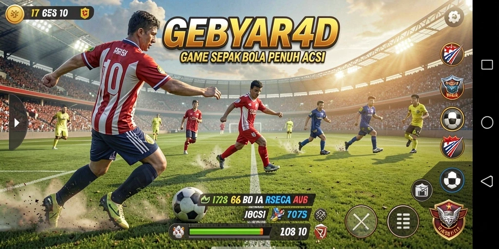 Tampilan gameplay seru dalam GEBYAR4D saat pertandingan sepak bola.