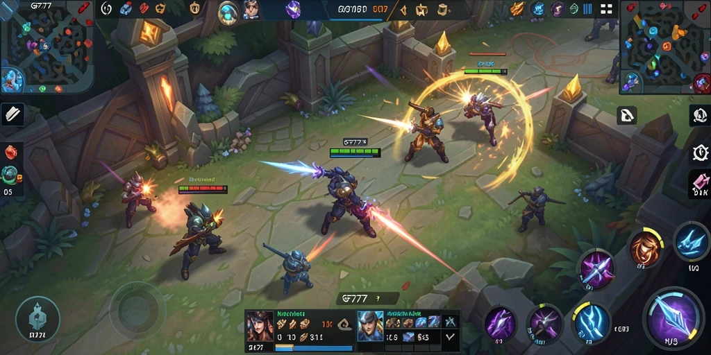 Screenshot gameplay seru GF777 dalam aksi MOBA.