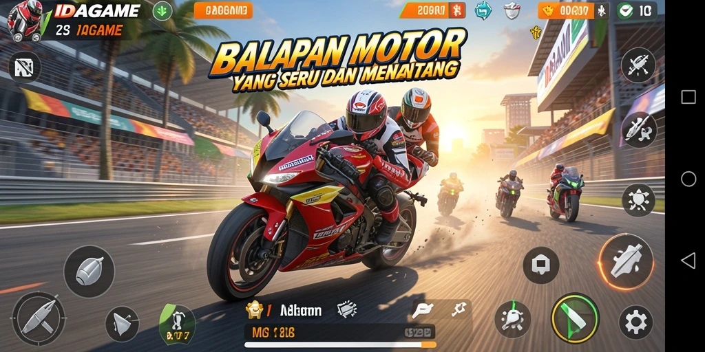 Screenshot IDAGAME menampilkan aksi balapan motor yang mendebarkan.