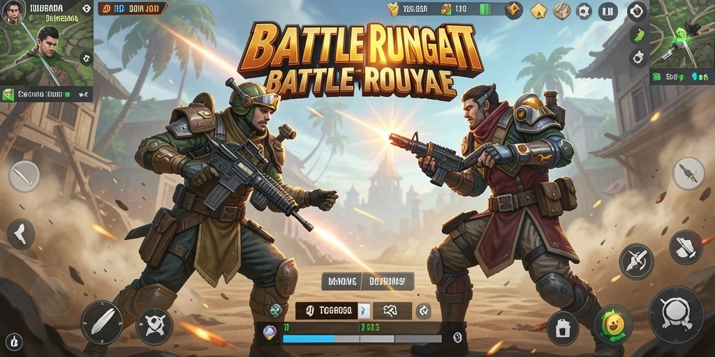 Screenshot utama JUARAGO menampilkan aksi intens dalam pertarungan Battle Royale.