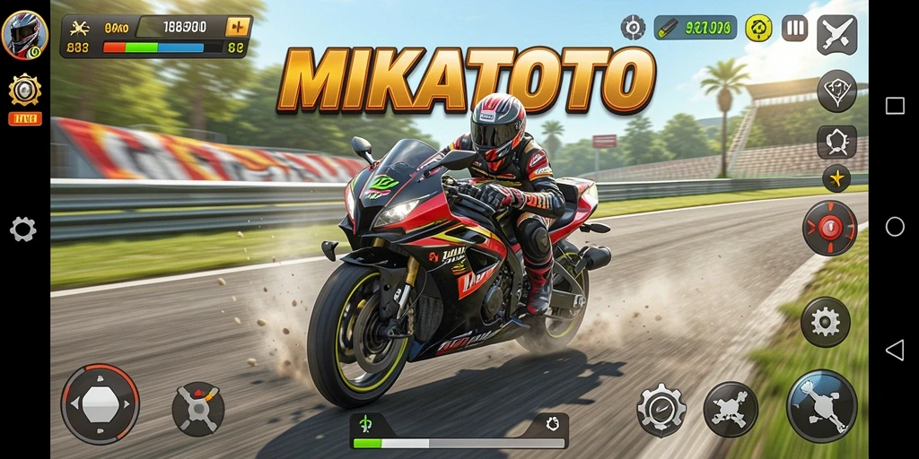 Tampilan gameplay MIKATOTO dengan aksi balap motor yang seru.
