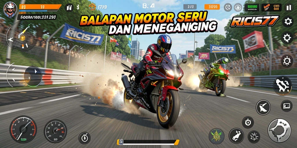 Tampilan gameplay <strong>RICIS77</strong> saat balapan motor yang menegangkan di trek yang indah.