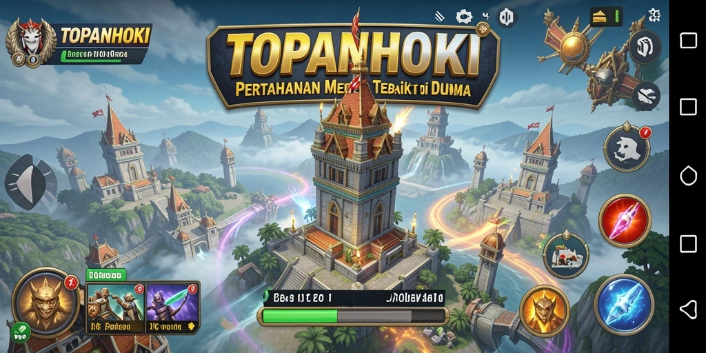 Screenshot gameplay TOPANHOKI yang menunjukkan aksi menara bertahan.