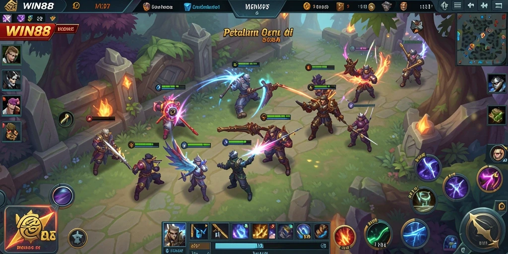 Tampilan seru dari gameplay WIN88 dalam pertempuran MOBA.