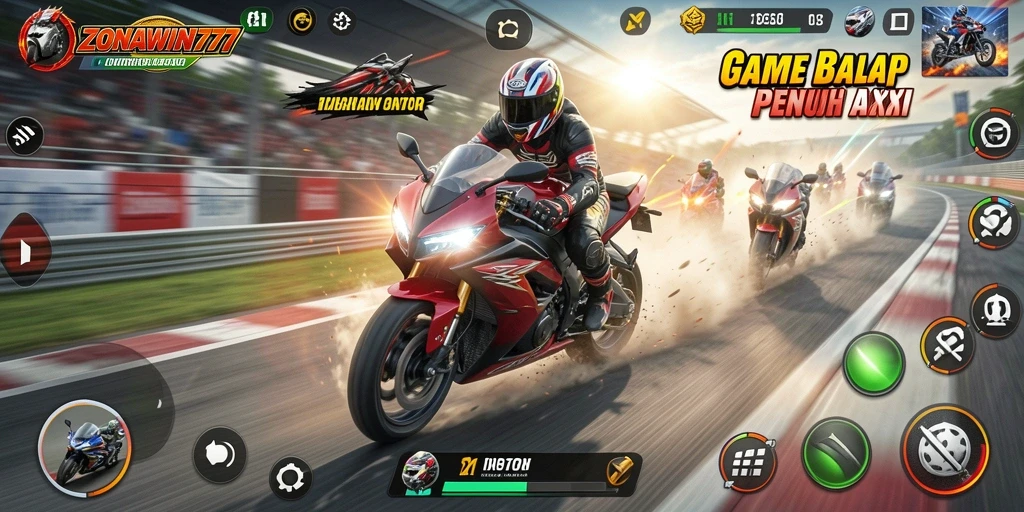 Gameplay ZONAWIN777 menampilkan balapan motor yang mendebarkan dan kompetitif.